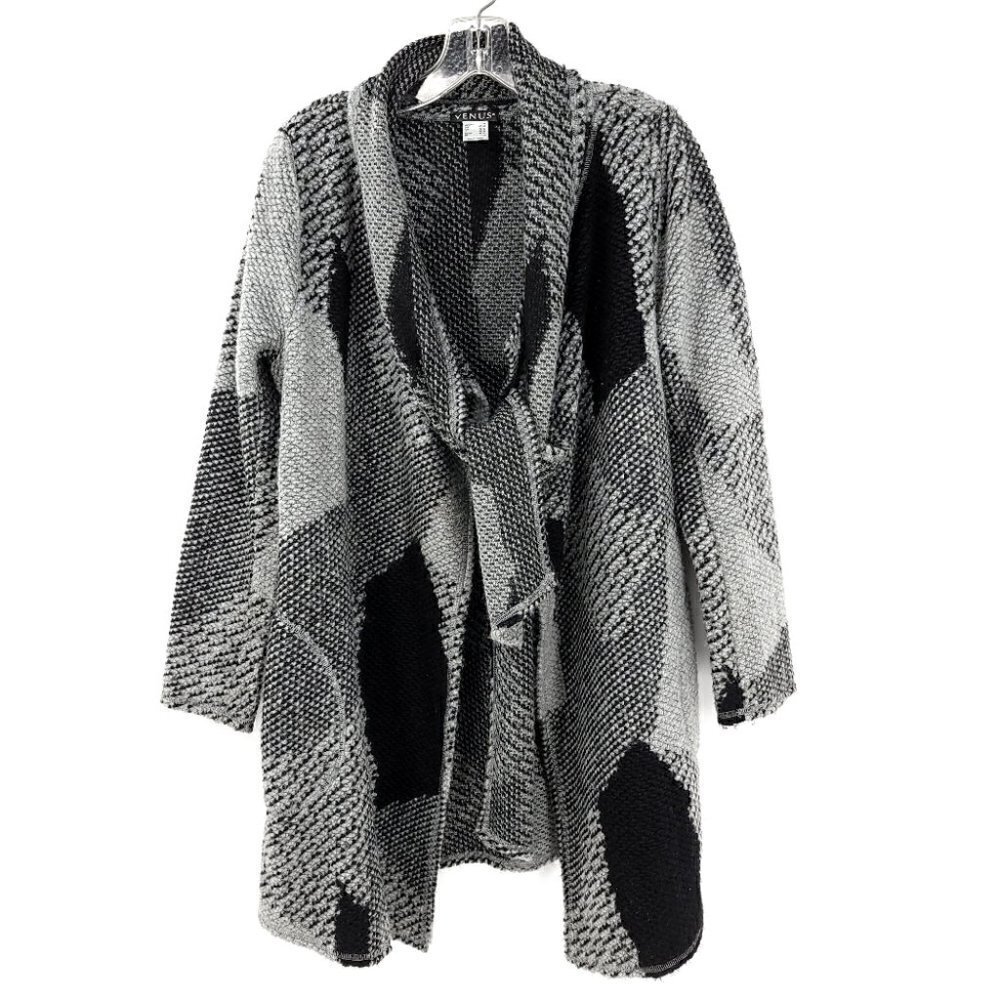 Venus Women's M Black Gray Neutral Cardigan Sweater Patchwork Geometric Pattern